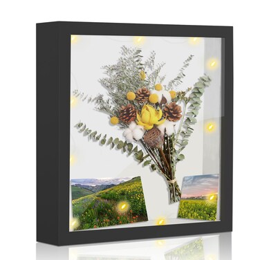 Shadow Box Frame 8x8 Shadow Boxes Display Case, Black Shadowbox Picture Frame with LED Lights and Hook, 1.2-Inch Deep Shadow Box for Pet Memorial, Dried Flower, Crafts, Wedding