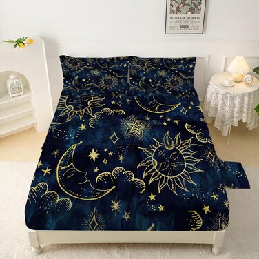FUYEUN Sun and Moon Sheets Sets Queen Size 4 Pcs Celestial Starry Galaxy Boho Fitted Sheets Bedding for Women Girls Teen Hippie Constellation Bed Sheets with 1 Flat &amp; 2 Pillowcases