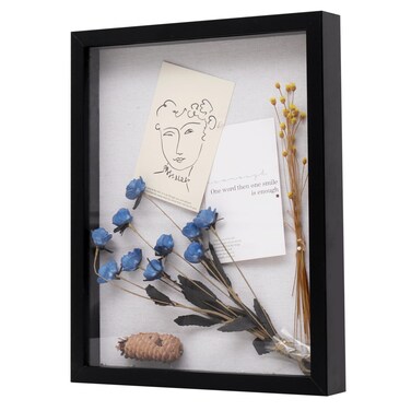 Muzilife 11x14 Shadow Box Picture Frame with Linen Board - Deep Wood &amp; Glass Display Rustic Case Ready to Hang Memorabilia, Pins, Awards, Medals, Wedding, Tickets, and Photos, Black