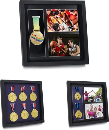 Iheipye Large Medals Display Shadow Box - 6 Medal Display case - Perfect Medal Display for War Military, Runners, Marathon, Race Winner, Football, Gymnastics &amp; All Sports (Black, 12x12)
