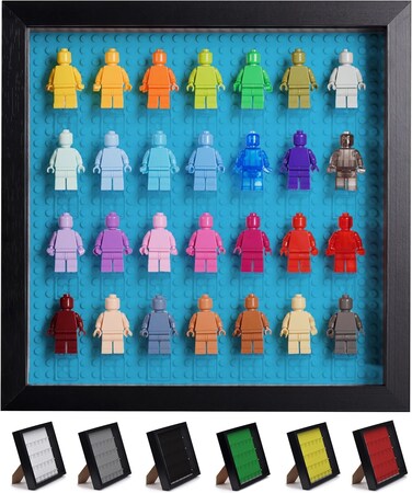 Tapeera Black Wooden Minifigure Display Case - Memorabilia Display Case for Figures - 11 x 11 Inch Shadow Box Frame - for Wall and Table Top with Dust Protection - Holds Up to 28 Figures (Blue Base)