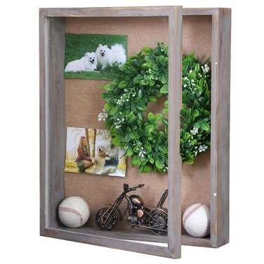 Rustic Grey Shadow Box Frame 16x20, Extra Large Deep Shadow Box with Opening Door, Big Display Case for Wedding Bouquet Memorabilia Keepsakes Photos Tickets Military Postcard
