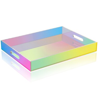 NiHome Iridescent Acrylic Serving Tray 16"x12" for Organizing, Decorative Vanity Tray Organizer with Handles &amp; Silicone Pads,Large Ottoman Tray for Coffee Table,Bathroom,Living Room &amp; Kitchen Tabletop