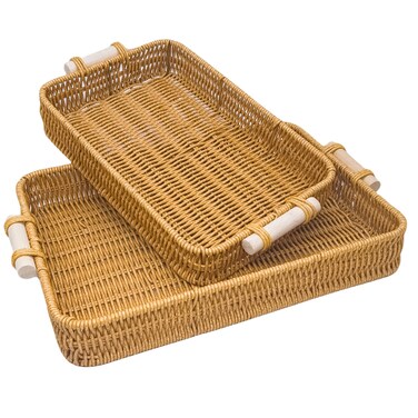 GIB Rectangular Rattan Serving Trays with Handles, Decorative Woven Wicker Baskets Serving Trays for Coffee Table Decor, Bread, Fruit, Snacks, Set of 2, 14"&amp;12