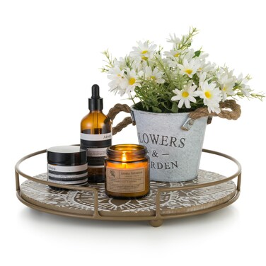 Hanobe Decorative Tray for Coffee Table: Round Serving Tray with Metal Handles - Boho Wooden Centerpiece Decor for Kitchen Counter Brown 11.8