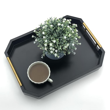 Serving Tray with Polished Metal Handles, Hexagon Coffee Table Tray, Modern Rectangle Decorative Tray, Large Ottoman Tray, Perfect for Storage and Display (Black Rectangle)