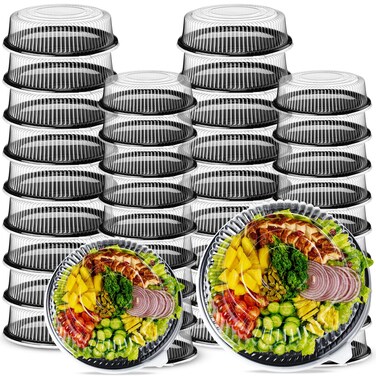 Zhehao 30 Pack Plastic Serving Tray with Lid Disposable Platters Heavy Duty Catering Trays with Clear Lids Stackable Round Cookie Tray for Party(Black,12 Inch, 16 Inch)