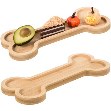 2 Pack Bone Shaped Bamboo Serving Tray with Grooves Wooden Dog Bone Snack Platters Bamboo Charcuterie Board Wood Candy Dish Bowl for Holiday Dog Birthday Party Supplies,6.61x14.96x0.79 Inch