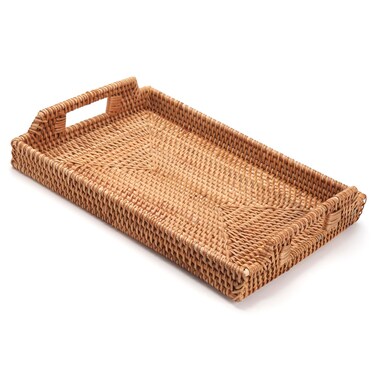 Rattan Serving Tray, Hand Woven Tray with Handles, Rectangular Wicker Basket Tray for Coffee Table Home Decor (14.5 x 10.2 x 1.4 inch)