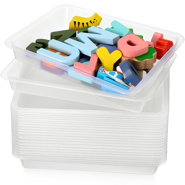 Maitys 24 Pcs Art Trays Plastic Activity Tray for Kids Craft Stackable Shallow Tray Storage Organizer Serving Tray for DIY School Books Home Painting Projects 9.45 x 7.1 x 1.38 Inch(Clear)