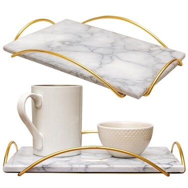 Serving Tray with Handles   12" x 8" Marble Tray for Food, Snacks, and Events Decorative Tray   Breakfast Dinner Ottoman Tray Coffee Table Decor Serving Trays with Gold Handles by Museo