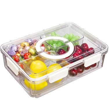 Divided Serving Tray with Lid &amp; Handle, 4 Compartment Removable Snack Box, Kitchen Organizers and Storage, Snackle Box Container, BPA-Free Fruit Storage Container for Berry, Snack, Candy, Nuts&acirc;&euro;&brvbar;