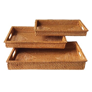 Handmade Rattan Trays with Handles, Handwoven Multi-Purpose Storage Baskets, Food Fruit Serving Baskets, Brown Rectangular, Natural Rattan, Set of 3 Different Sizes