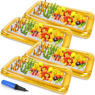 Inflatable Serving Bar Inflatable Buffett Cooler Salad Ice Tray Glitter Confetti Food Drink Containers with Air Pump for Indoor Outdoor BBQ Picnic Pool Party, 52 x 26 x 4.7 Inch (4 Pcs)