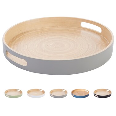 HABITAAS Spun Bamboo Round Wooden Tray, Gray, 13.75 Inches