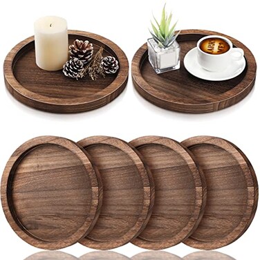 Sintuff 6 Pcs Rustic Wood Decorative Tray Round Wooden Tray Serving Farmhouse Tray Decorative Candle Holder Tray for Kitchen Centerpiece Home Decor(Brown)