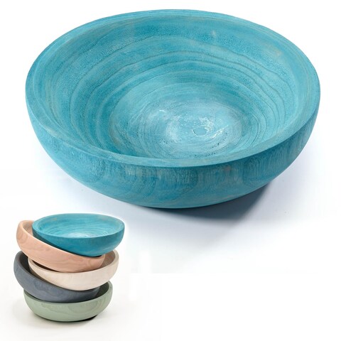 baqor Wooden Round Large Decorative Tray - Wood Serving Tray Decor Plates Bowl For Coffee Table Ottoman Home Living Room Farmhouse Countertop Centerpiece (11 inch - Greek Blue color)