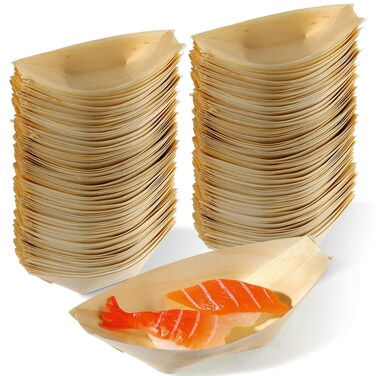 Nuanchu 200 Pcs Bamboo Wooden Boat Bulk Disposable Wood Boat Plates Sushi Boats Serving Dish Bamboo Boats for Food Trays Party and Home Use (8 Inch)