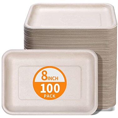 Celel 100 Pack 8 Inch Rectangle Paper Plates, Bend-Resist 8 x 6 inch Food Trays Disposable Rectangle Plates for Tacos, Meat, Dessert, Snack