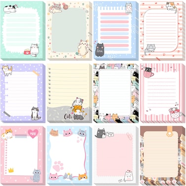 Chiisong 12 Pieces Cats Sticky Notes Cute Cat Self Stick Notepads 3x4 Inch Kawaii Memo Notes Cat Gift for Cats Lover Cartoon Animal to Do List for Office Home Supplies Roommates Gift