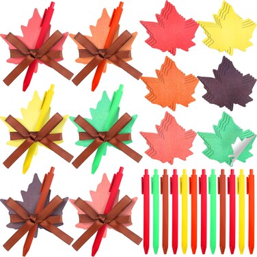 Geyee 24 Pack Fall Leaves Sticky Notepad Set with Pen for Kids Bulk Autumn Leaf Shaped Sticky Note with Pen Ribbons Self Stick Note for Thanksgiving School Office Appreciation Gifts (Maple Leaf)