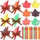 Geyee 24 Pack Fall Leaves Sticky Notepad Set with Pen for Kids Bulk Autumn Leaf Shaped Sticky Note with Pen Ribbons Self Stick Note for Thanksgiving School Office Appreciation Gifts (Maple Leaf)