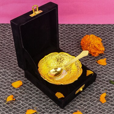 SATVIK 1 Set Designer Gold Silver Plated Lotus Flower Dessert Dry Fruits Embossed Serving Bowl With Spoon Set Festive Diwali Pujan Decortive Bhog Bowl Christmas Housewarming Wedding Return Gift Items