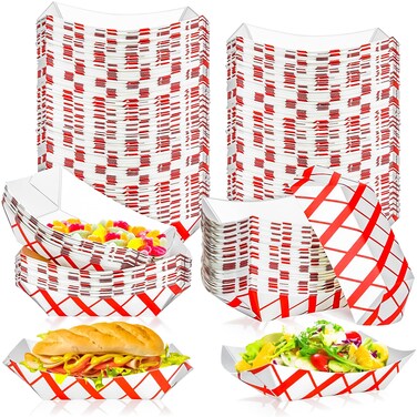 MotBach 100 Pack 2lb Checkered Paper Food Boats Disposable Paper Boats, Kraft Paper Food Trays Paper Food Serving Boat Tray Basket for Snacks Hot Dogs Sandwich Burgers Popcorn Chips Tacos Fries Nacho
