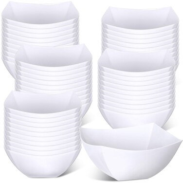 Tanlade 50 Pcs Square Plastic Serving Bowls Disposable Snack Salad Bowl Small Party Bowls Candy Bar Containers Taco Bar Serving Dishes for Buffet Chips Fruit (White,8 oz)