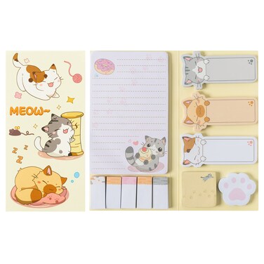 Xqumoi Cute Cartoon Cat Sticky Notes Set, 550 Sheets, Lovely Cat and Paw Shaped Self-Stick Notes Pads Kitty Animal Divider Tabs Bundle Writing Memo Pads Back to School Office Supplies Small Gift