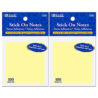 BAZIC Sticky Notes 3x3 Canary Yellow Colors Post Stickies Self Stick Note, Colorful Adhesive Memo Pads, Recyclable (100 Sheets/Pack), 2-Packs