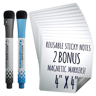 Dry Erase Reusable Sticky Notes - 12 Pack of 4&acirc;&euro;&sup3;x4&acirc;&euro;&sup3; Whiteboard Stickers for Lists, Labels, Reminders &amp; Decals - 2 Magnetic Markers - Adheres to Most Surfaces