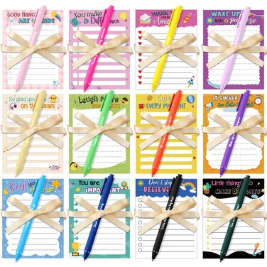 Yeaqee 12 Set Employee Appreciation Gifts 12 Empowering Sticky Notepads 12 Pens 12 Ribbons Motivational Sticky Notes Inspirational Pens for Students Colleague Office Supplies(Motivational)