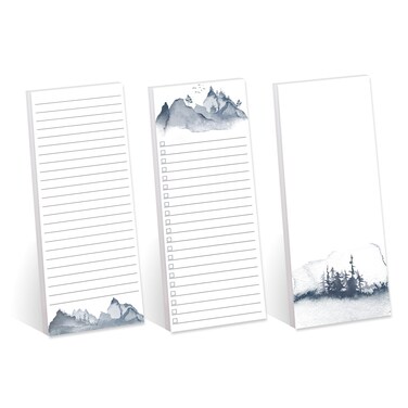 Watercolor Mountain Range Sticky Note Assortment/Set of 3 Blue Landscape Note Pads / 3" x 8" Daily Task Trackers / 50 Sheets Per Pad/Made in USA
