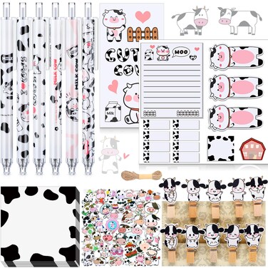 Crtiin 69 Pcs Cute Cow Frogs Sticky Notes Set Cartoon Cow Frog Pen Cow Frog Stickers Paperclip Sticky Memos Notes Cow Frogs Stationery Set for Office Party Favors(Cow)