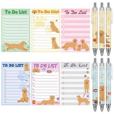 Motiskyy 12 Pcs to Do List Sticky Notes with Retractable Ballpoint Pens Cute Notepads with Black Ink Pens Gifts for Animal Lover Home Office Supplies (Golden Retriever)