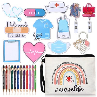 Allfosi Nurse Gift Pens,for Work Funny Pens Sticky Notes Makeup Bag Gift for Coworker Doctor Nurses Nursing Students Women Men on Nurses week Nurse's day (Style 1-20)