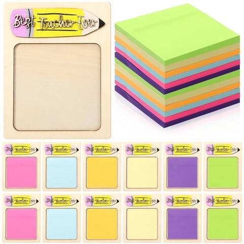 Resurhang 24 Pcs Thank You Teacher Gifts Wood Teacher Sticky Note Holder Dispenser 24 Pads Teacher Sticky Notes for Teacher Appreciation Gifts Teachers&#39; Day Back to School First Day of School