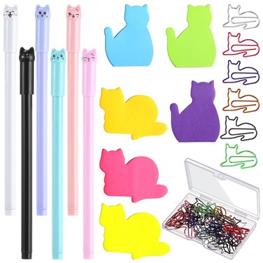 42 Pcs Stationery Set 6 Color Cute Sticky Notes 30 Pcs Paper Clips and 6 Pcs Cute Pen Lover Gifts Lovely Office Desk Accessories for Work School Office Supplies(Cute Cat)