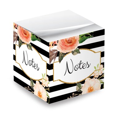 Black and White Floral Sticky Note Cube / 2.75" Memo Block Printed On 4 Sides/Modern Floral Stripe Design/Made in The USA