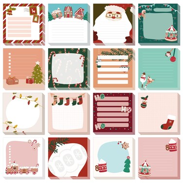 16 Pcs Christmas Sticky Note Pads with Santa Claus&iuml;&frac14;&OElig;Candy&iuml;&frac14;&OElig;Socks, Work-Study Notes, 480 Pieces of Self-Adhesive Removable Memo Pads 16 Styles, 30 Sheets Each for Labels, Lists