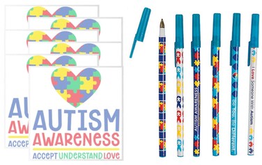 Autism Awareness Pens and Sticky Note Pads 12 Piece Bundle (Autism Sticky Notes Style 1)