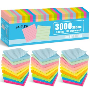 30 Pads Lined Sticky Notes, Sticky Note Pads 3x3 inches, 10 Bright Color Sticky Notes with Lines Self-Stick Note Pads, Perfect for Office Home School(100 Sheet/Pad)