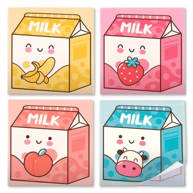 BelugaDesign Kawaii Sticky Notes   Milk Carton Anime Stationary 4 Pack 100 Page Post It   Pink Yellow Orange Blue Pastel Notepads   Strawberry Banana Peach Cow School Office Supplies