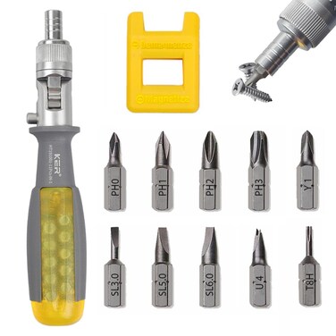 KER 11 in 1 Ratcheting Multitool Screwdriver Multi-function Magnetic Screwdriver Professional Angle Screwdriver Repair Tool (Yellow&iuml;&frac14;&circ;Magnetic&iuml;&frac14;&permil;)