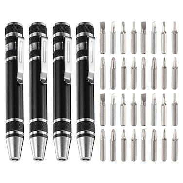 HARFINGTON 4pcs 8 in 1 Mini Pocket Pen Screwdriver Set CR-V Multi-Function Small Magnetic Screw Driver with Phillips and Flat Head Bits for Computer Eyeglasses, Black