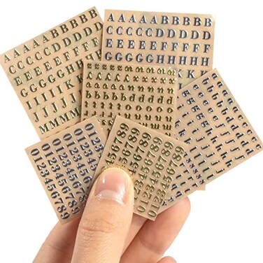 EORTA 6 Sheets 0.12inch Alphabet Number Stickers Mini Letters Stickers Glitter Alloy Self Adhesive Stickers for Epoxy Resin Casting Decoration DIY Crafts Scrapbook, Golden/Silvery, 3mm