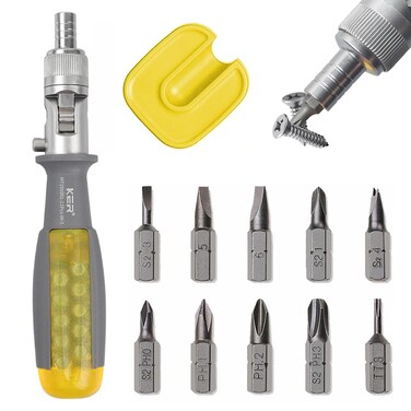 KER 11 in 1 Ratcheting Multitool Screwdriver Multi-function Magnetic Screwdriver Professional Angle Screwdriver Repair Tool (Yellow&iuml;&frac14;&circ;NEW Magnetic&iuml;&frac14;&permil;)
