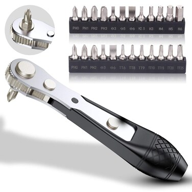 GreaTalent 25in1 S2 Steel Mini Ratchet Wrench Screwdriver Bit Set with 1/4" Hex Shank Phillips/Slotted/Hexagon/Torx Bits, 36-Tooth Gear, Magnetic Bit Holder, 90 Degree Offset Reversible Drive Handle