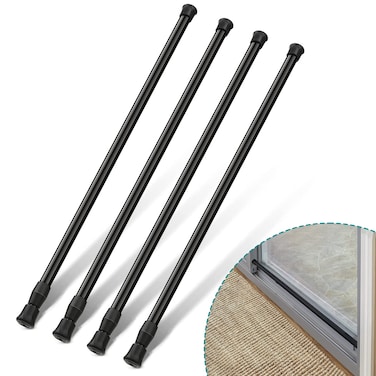 KUANVE 4 Pack Window Security Bars Adjustable Spring Tension Rod Sliding Glass Door Stick for Door with Rubber Tips, 1.3 cm in Diameter, Extends from 15.8-27.6 Inch, Black